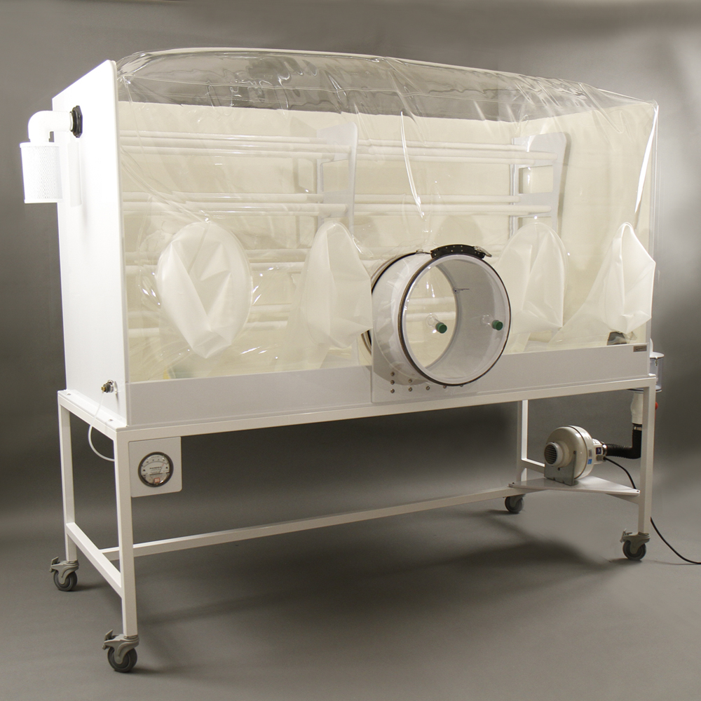 View of CBC 50-cage Breeder Isolator Systems  with a polypropylene holding box for breeding your own germ-free mice or other rodents for gnotobiotic research.