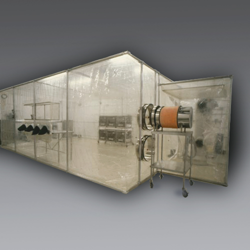 Positive pressure, flexible film cleanrooms with chambers that are completely enclosed for Bio/Pharmaceutical production.