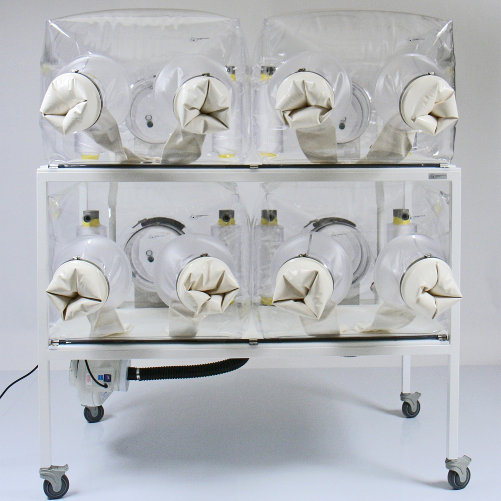 CBC Quad Isolator System allow researchers to conduct four separate gnotobiotic experiments at the same time for mice or other rodents.
